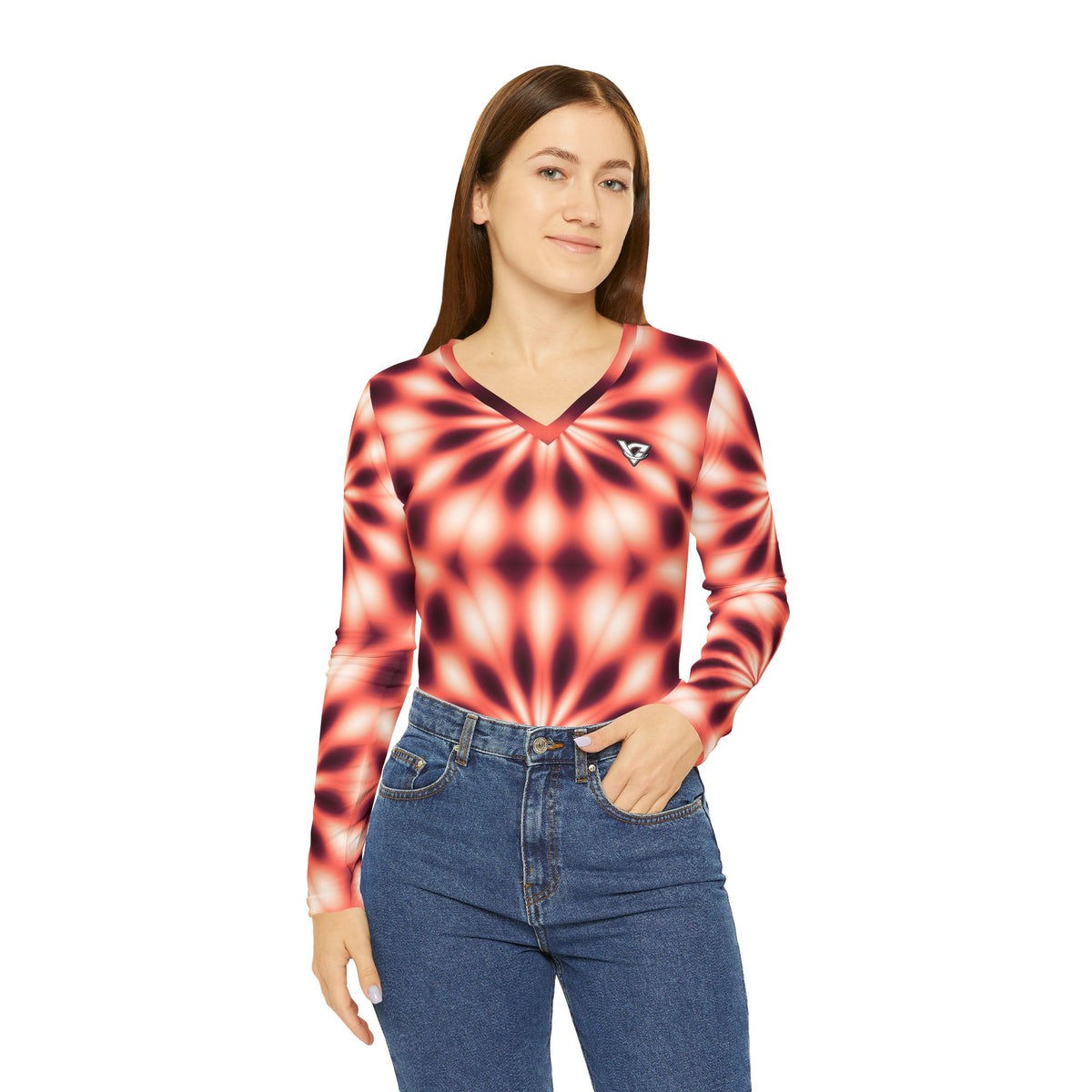 Coral Kaleidoscope Women's Long Sleeve V-Neck Athletic Top