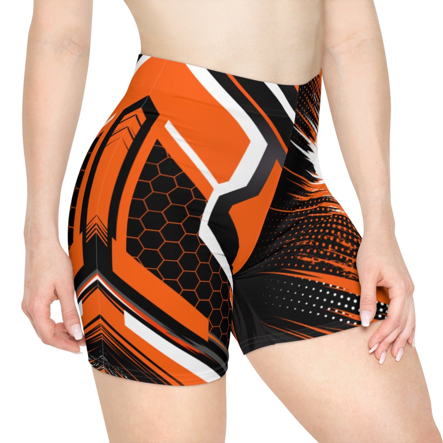 Women Blaze Angular Biker Shorts | Orange & Black Geometric Activewear