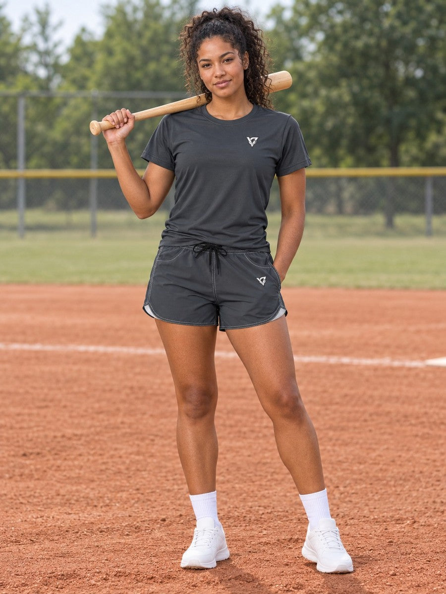 Vantacore Solid Charcoal Women's Athletic Shorts with Pockets - front view