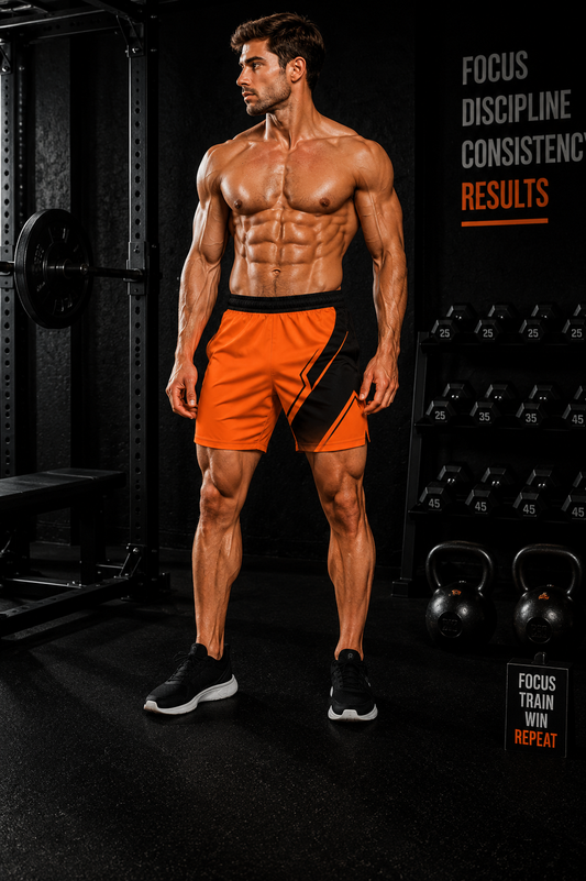 Men's Orange Black Athletic Jogger Shorts Lightweight Sports & Lounge Wear - No Pockets