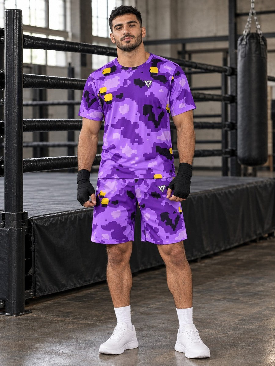 Combat Sports Ultra Grape Pixel Camo Men's Athletic Shorts with Pockets - front view