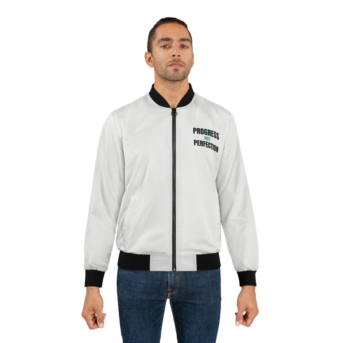 Men's Progress Not Perfection Bomber Jacket – White Motivational Gym Jacket