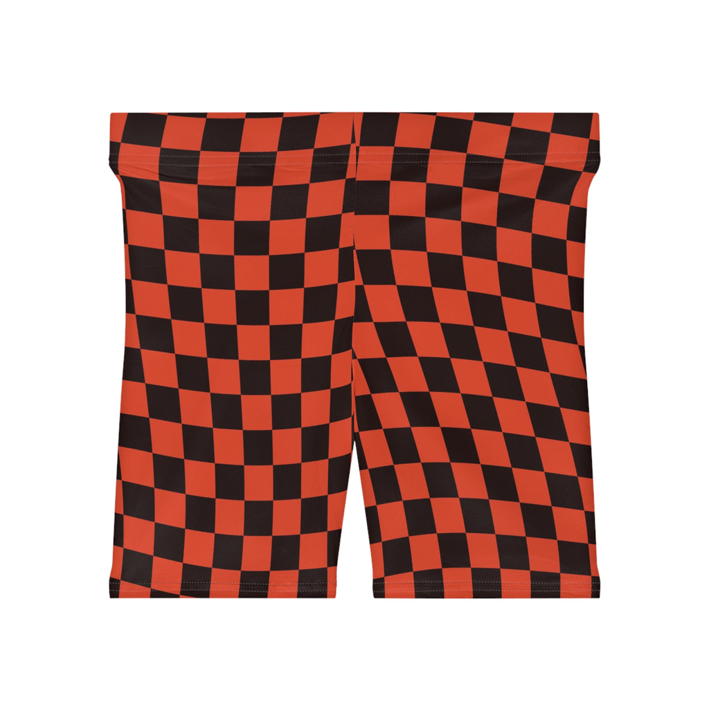 Maple Warp Check Women's Biker Shorts — High-Waist Workout Shorts