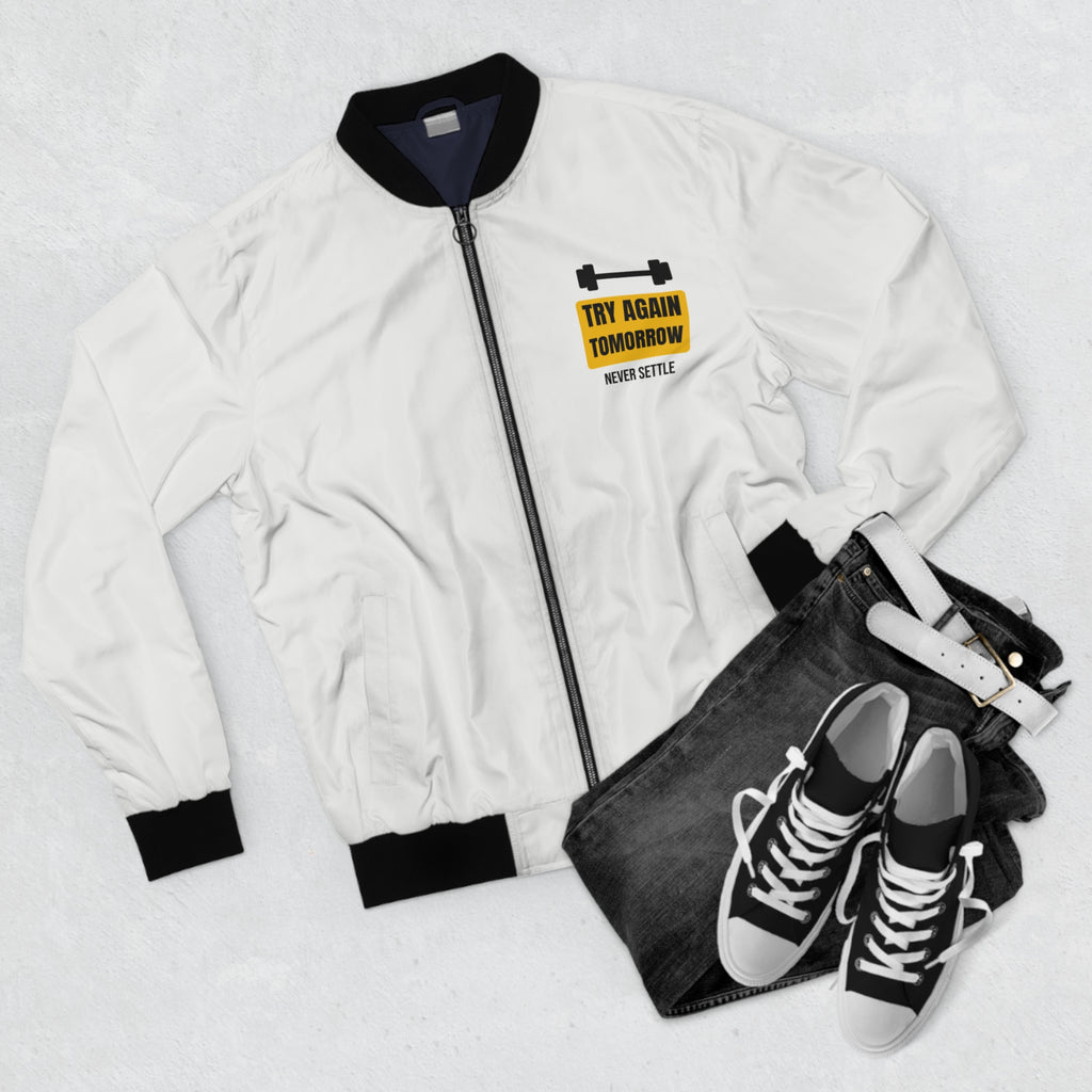 Men's Try Again Tomorrow Bomber Jacket – White Motivational Gym Jacket