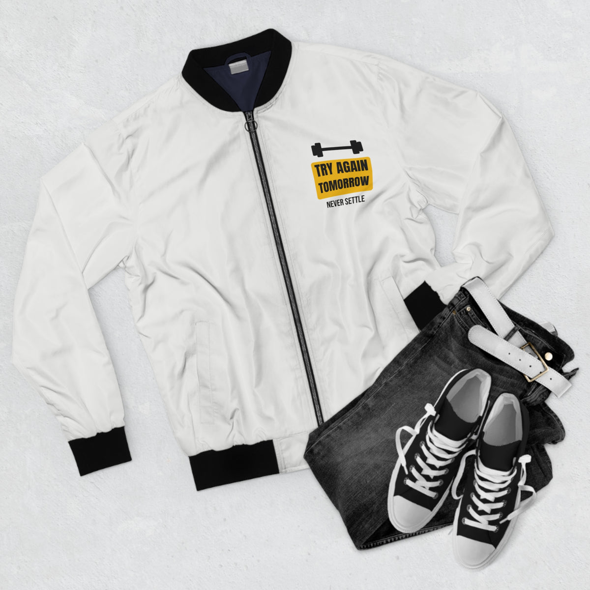 Men's Try Again Tomorrow Bomber Jacket – White Motivational Gym Jacket