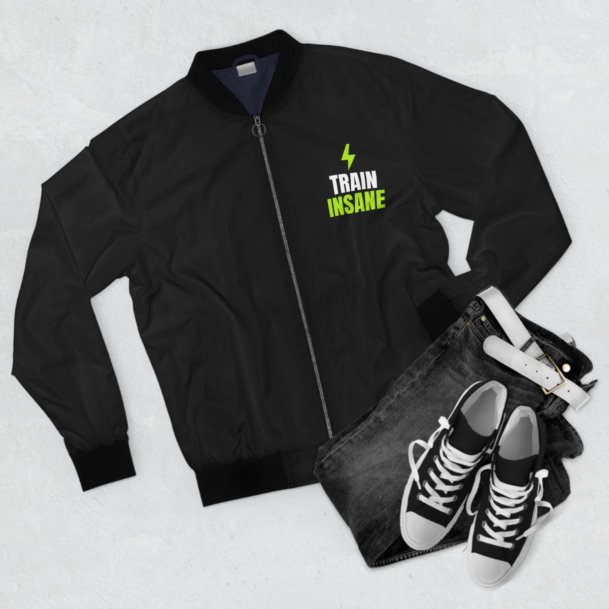 Men's Train Insane Bomber Jacket – Black Motivational Gym Jacket