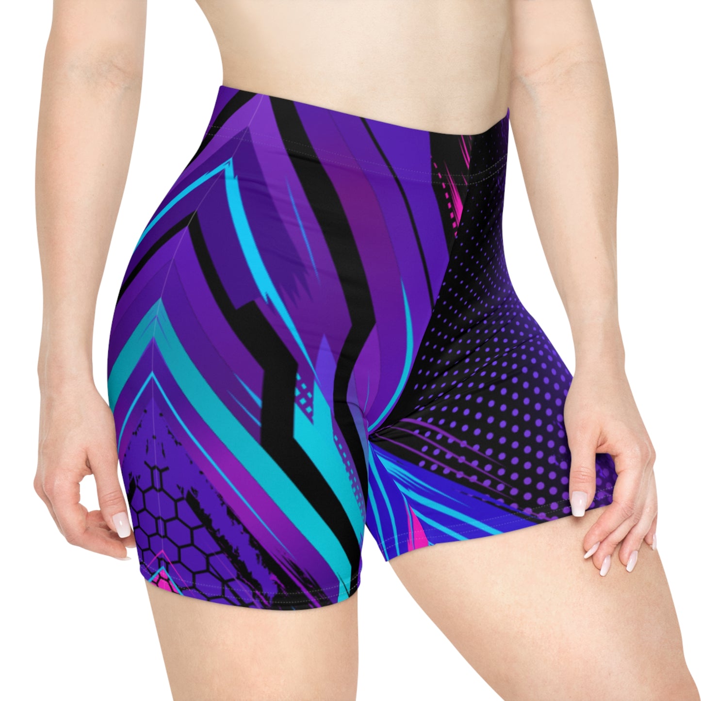 Cyber Circuit Biker Shorts - Purple & Teal Tech Geometric Activewear