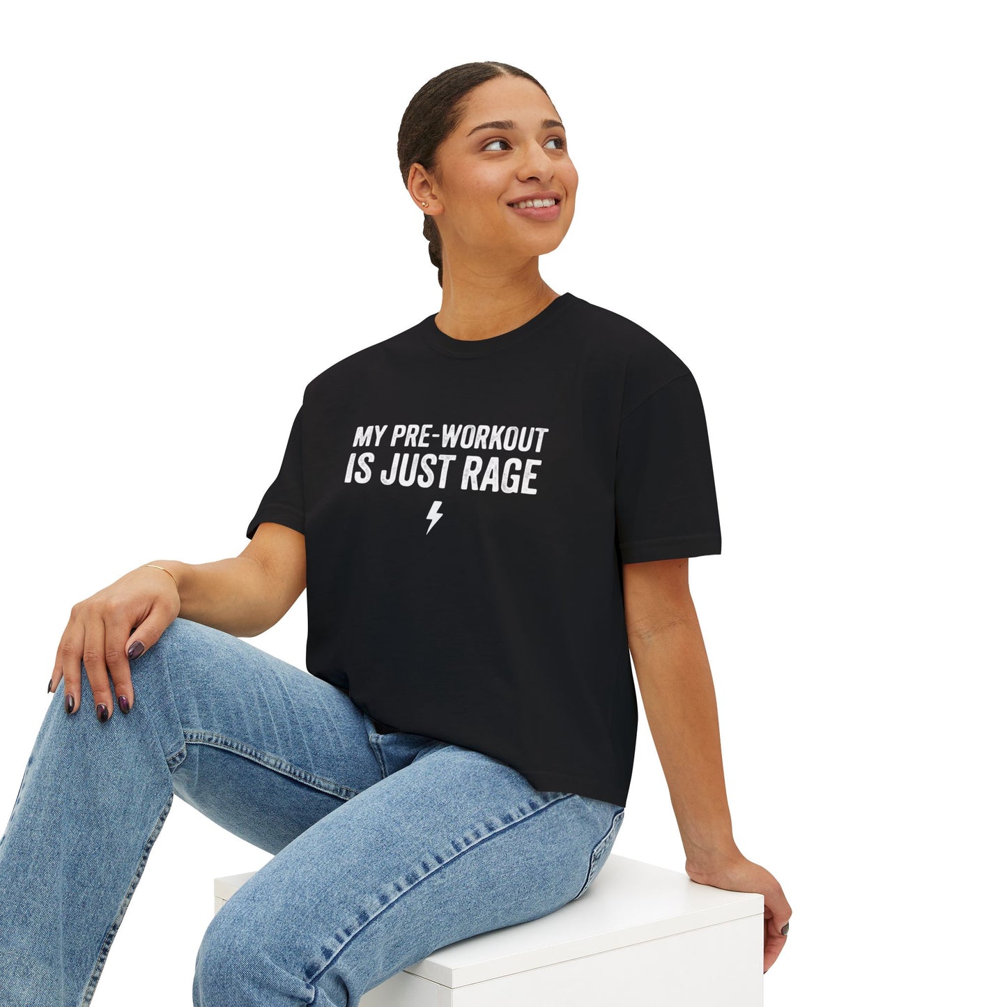 Women’s Boxy Tee — “My Pre-Workout Is Just Rage” Gym Crop Top