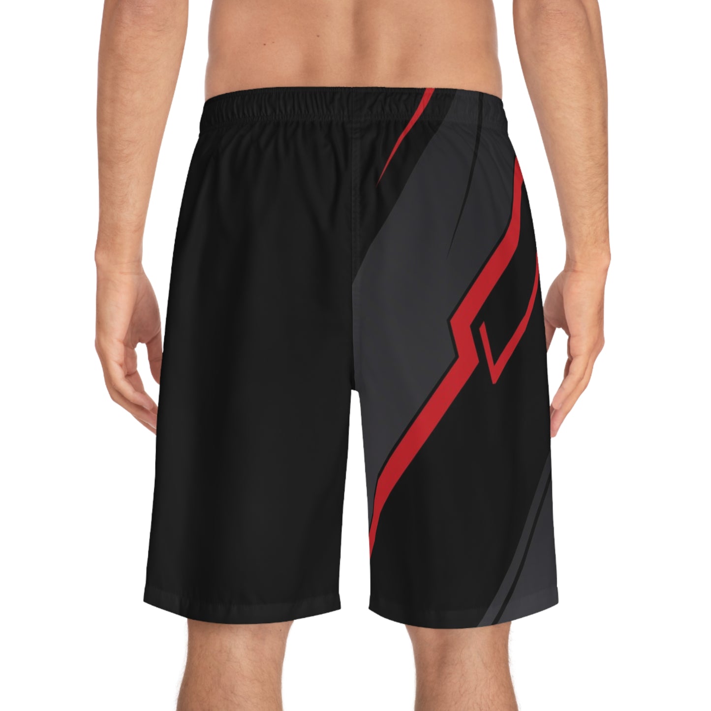 Men's Black & Red Tech Board Shorts — Geometric Athletic Swim Trunks