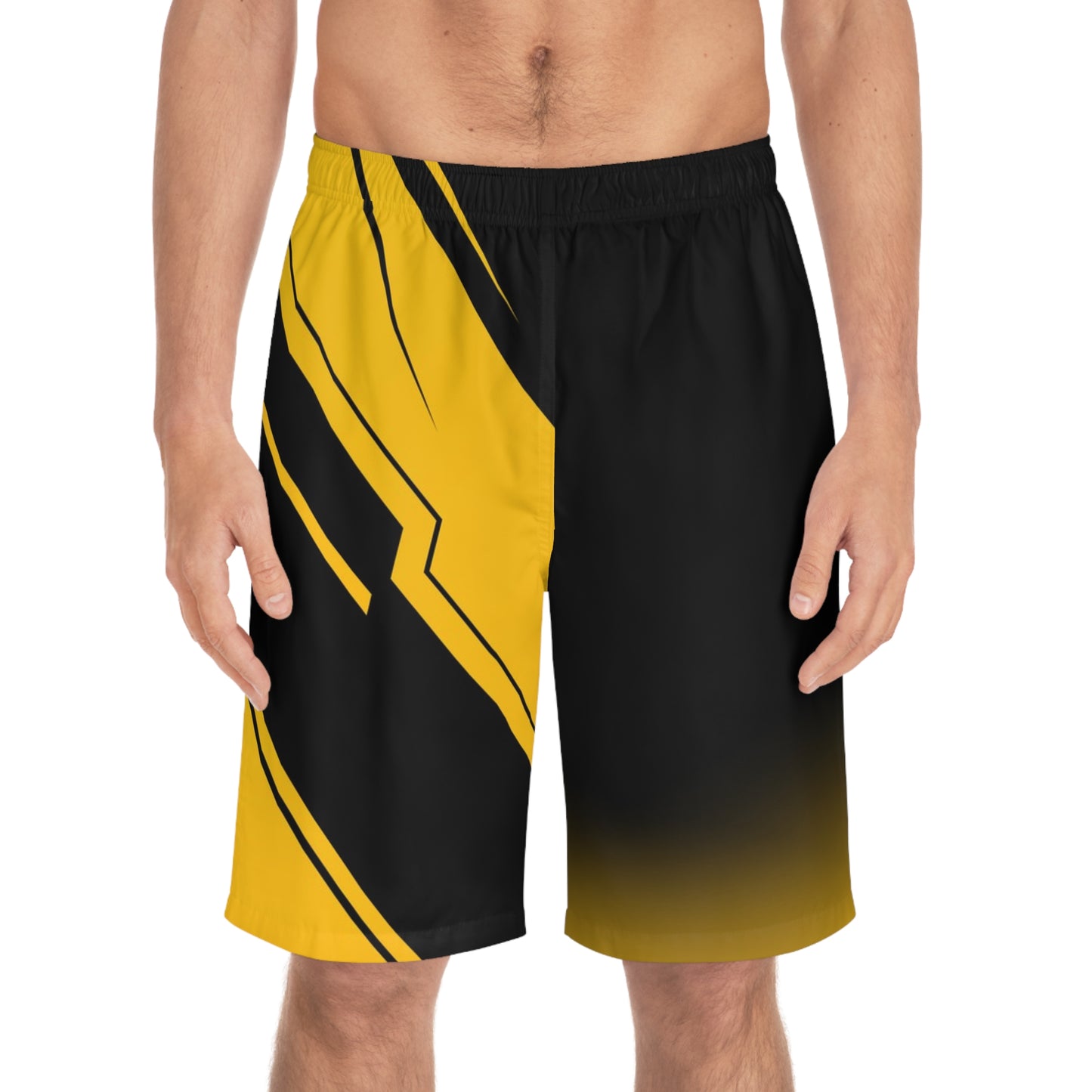 Yellow & Black Geometric Board Shorts — Men's Athletic Swim Trunks
