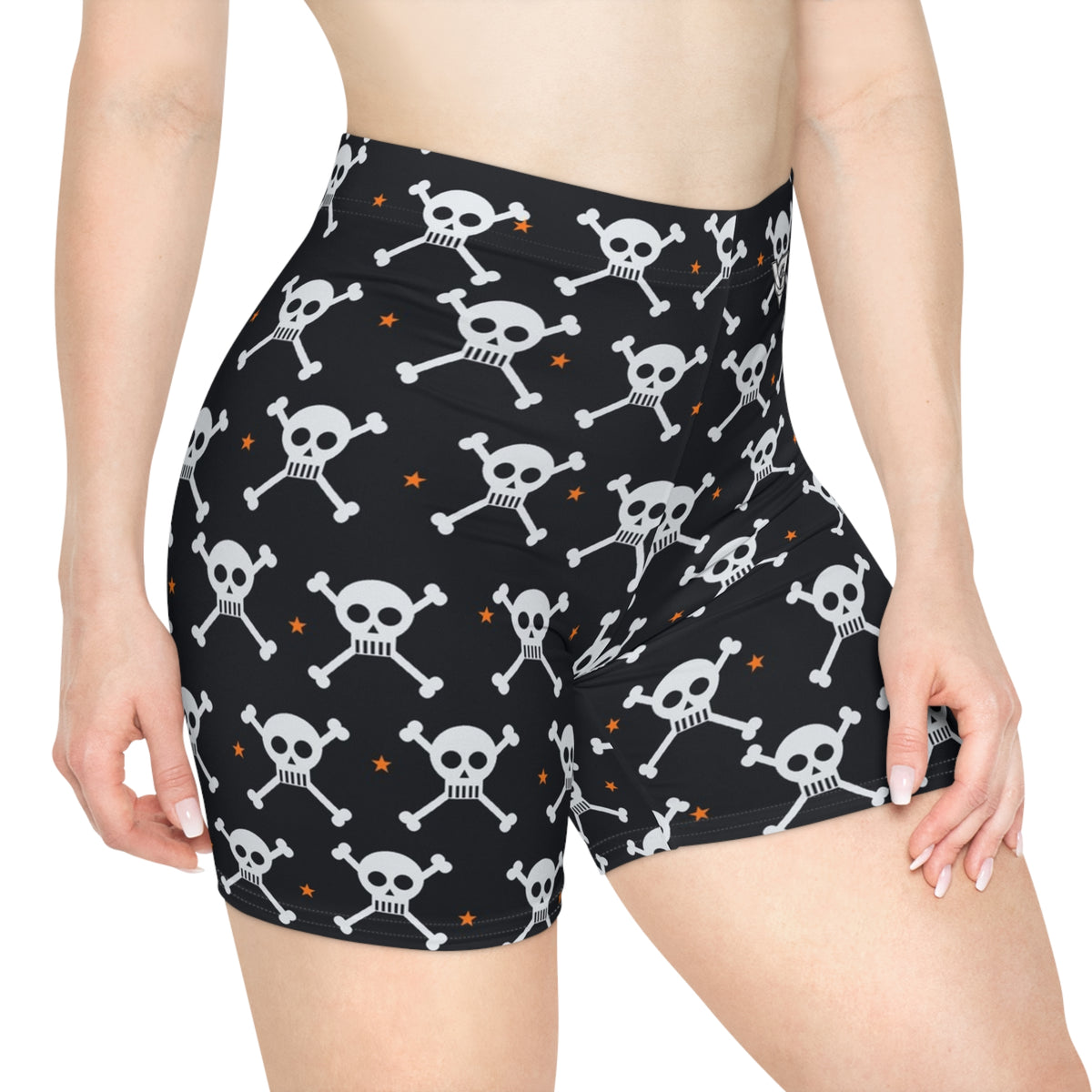 Halloween Graveyard Grey Skull & Crossbones Women's Biker Shorts — High-Waist Workout Shorts