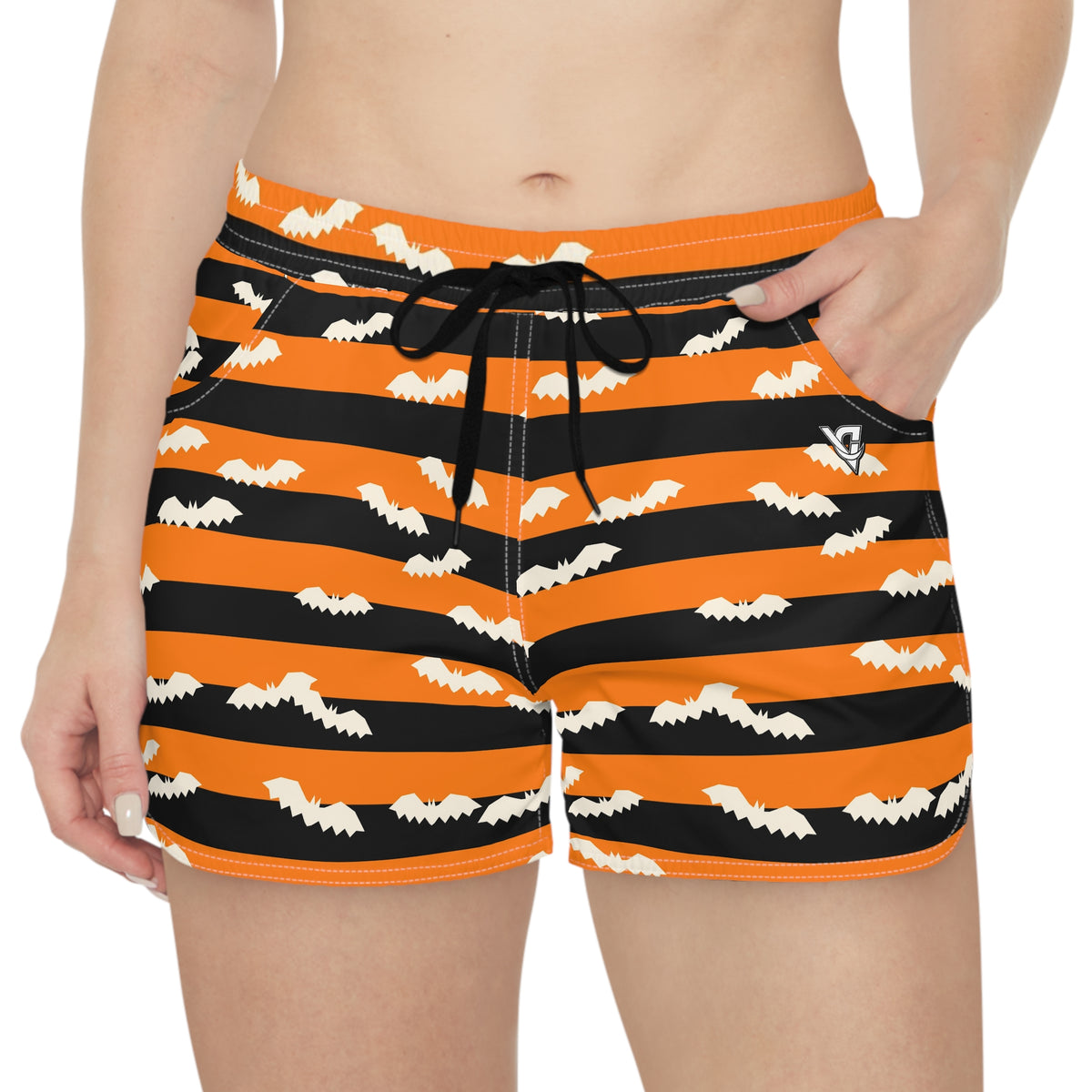 Women's Multipurpose Athletic Shorts with Pockets | Halloween Pumpkin Orange Bat Stripe