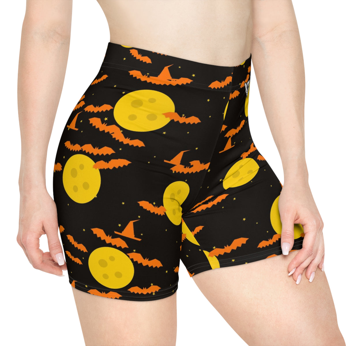 Halloween Candy Corn Haunted Moon Women's Biker Shorts — High-Waist Workout Shorts