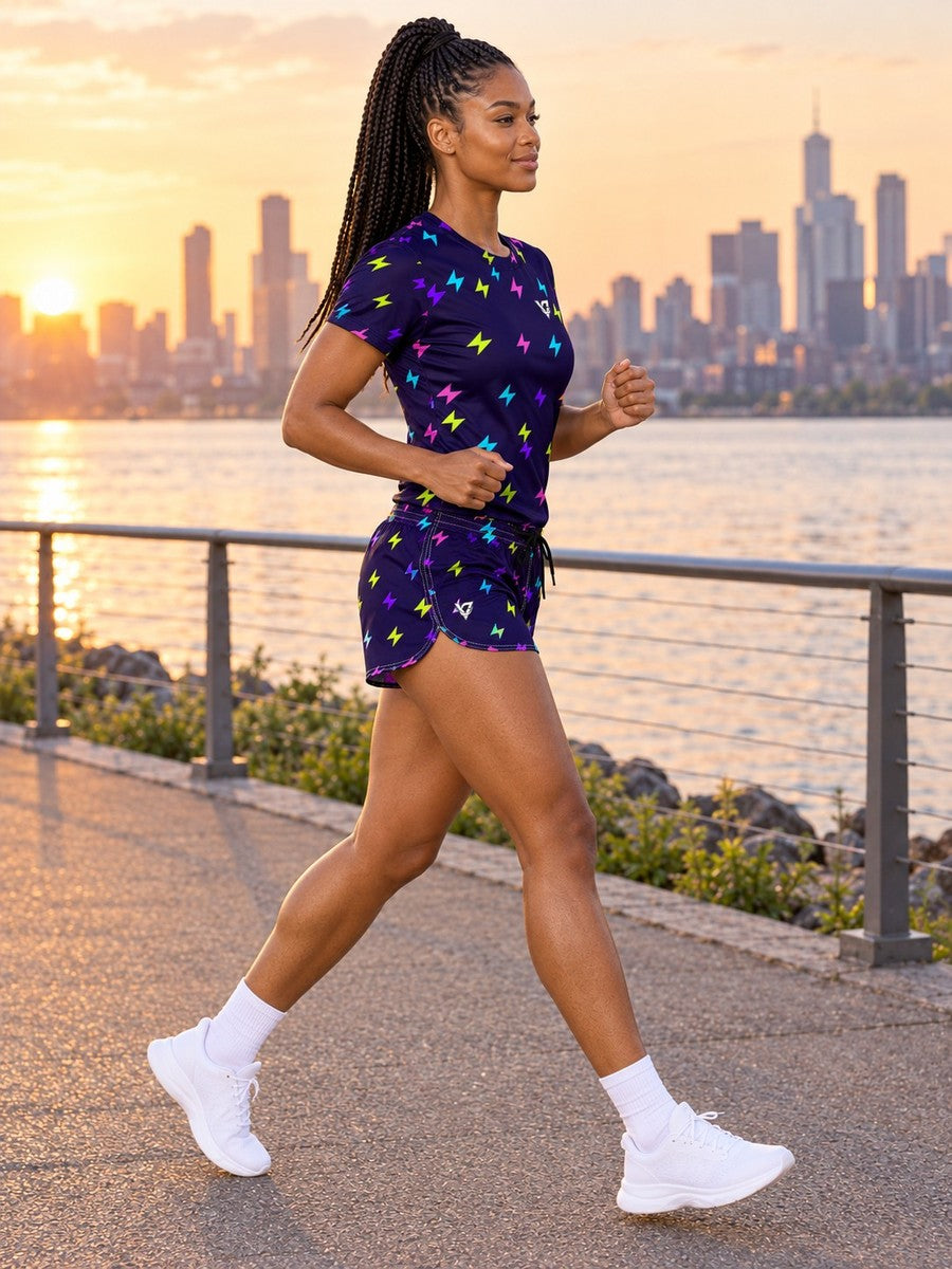 Running Violet Volt Icon Storm Women's Athletic Shorts with Pockets - side view