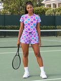 Tennis Lilac Wave Checker Drive Women's Athletic Shorts with Pockets - front view