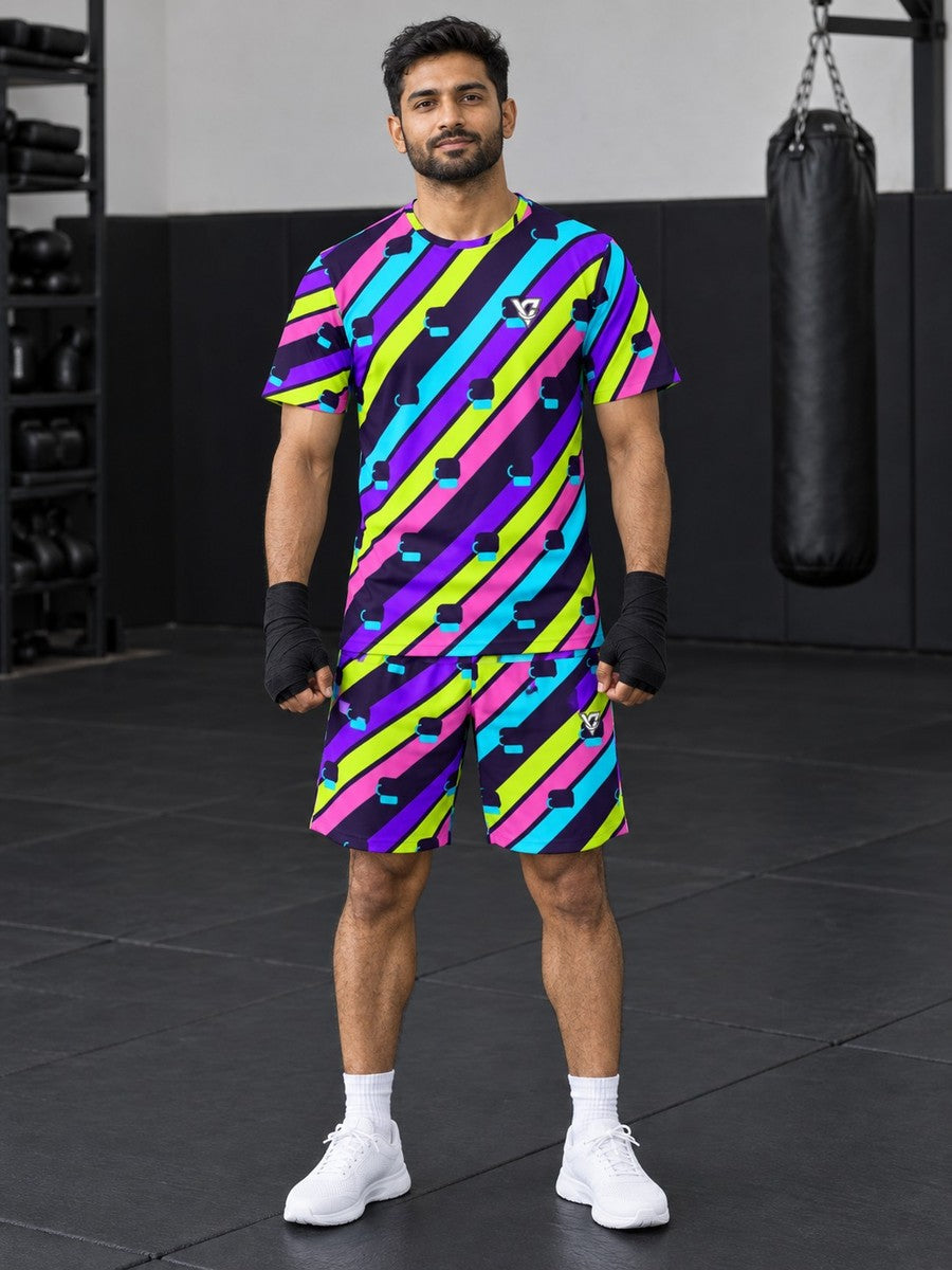 Combat Sports Violet Volt Stripe Surge Men's Athletic Shorts with Pockets - front view