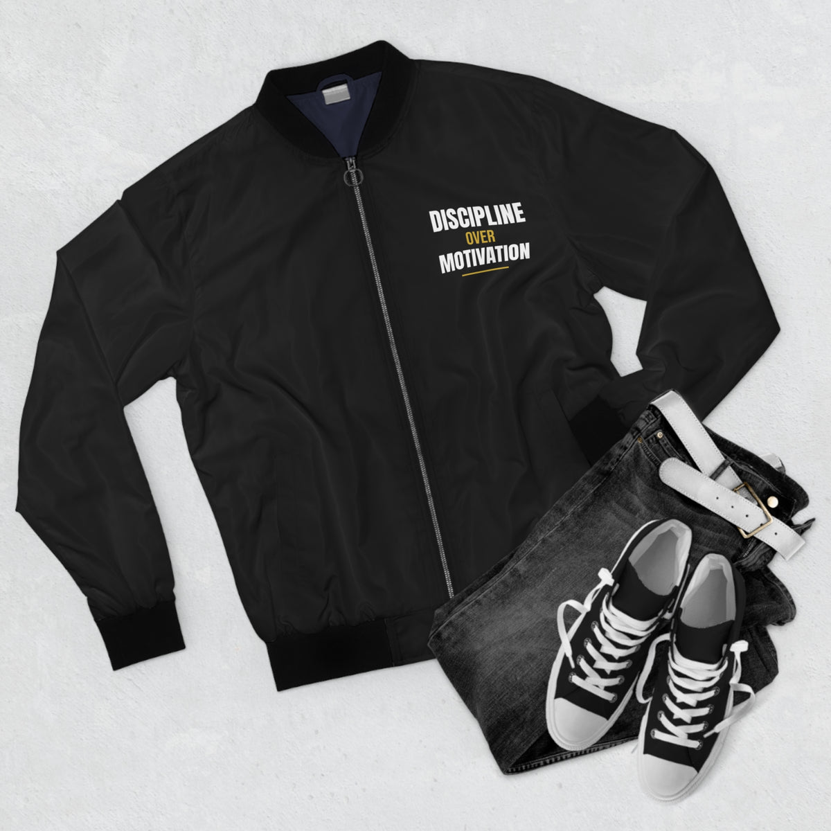 Men's Discipline Over Motivation Bomber Jacket – Black Motivational Gym Jacket