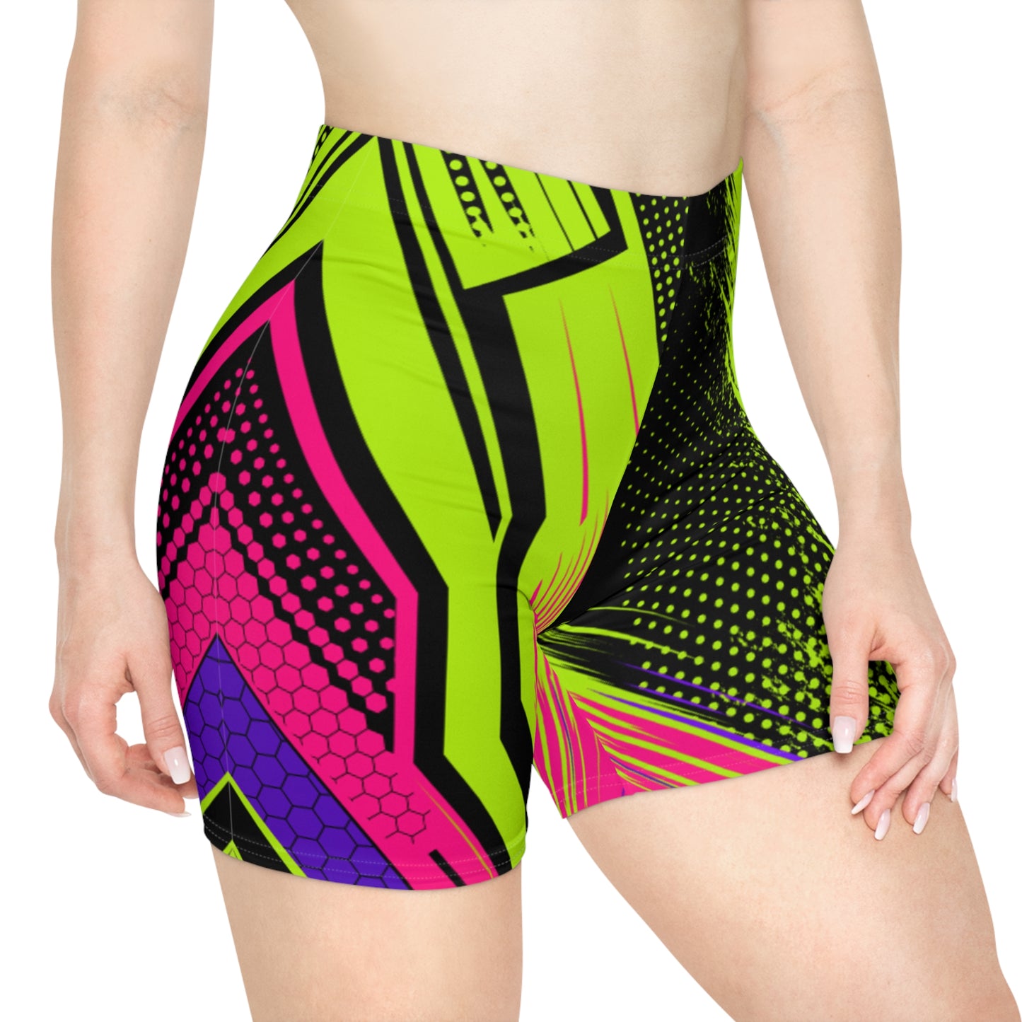 Women Circuit Biker Shorts | Neon Green & Black Honeycomb Activewear