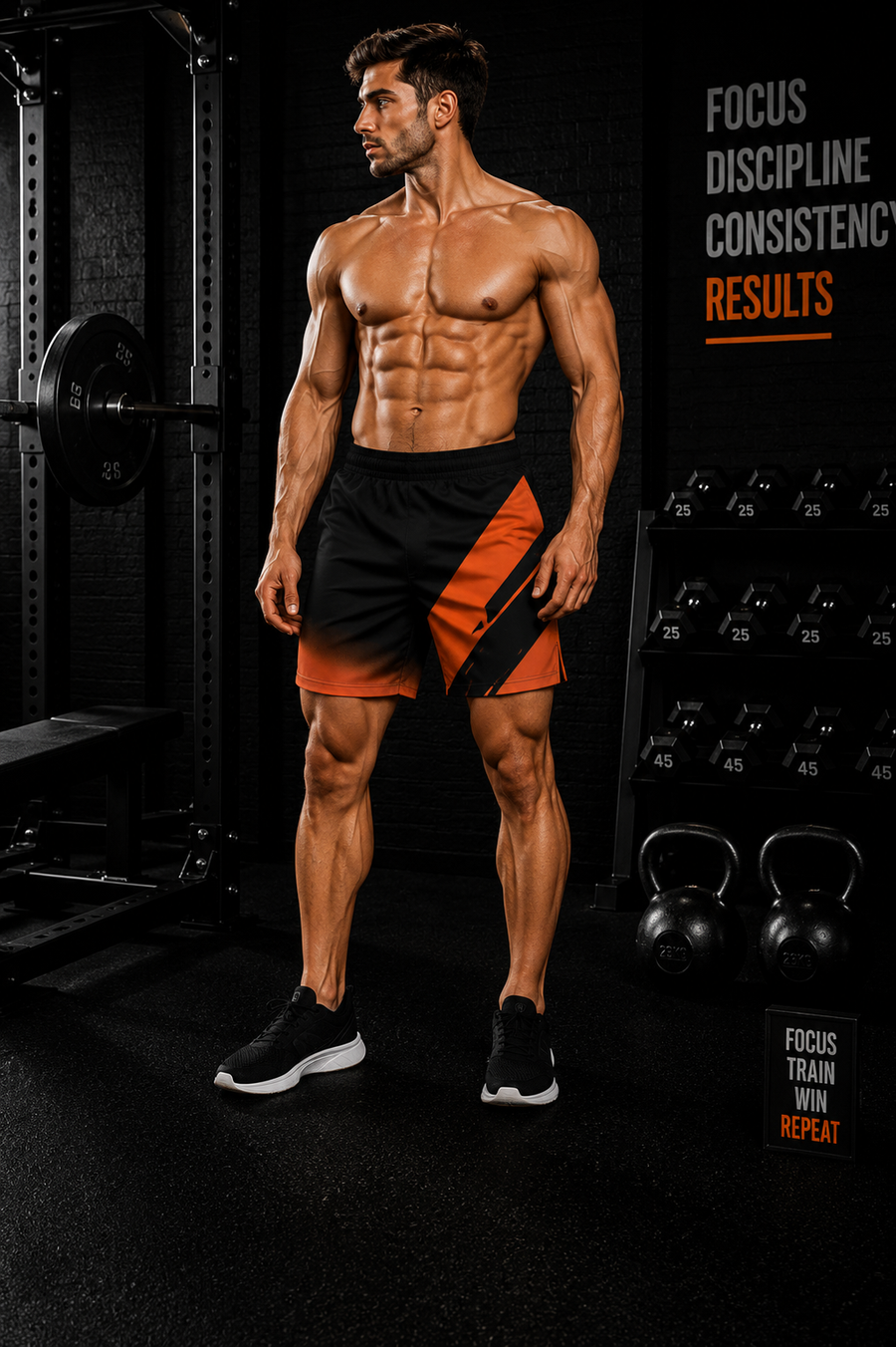 Men's Orange Black Athletic Lightweight Sports & Lounge Wear Shorts — No Pockets