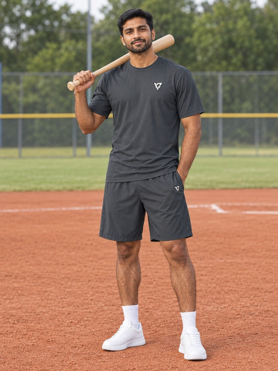 Vantacore Solid Charcoal Men's Athletic Shorts with Pockets - front view