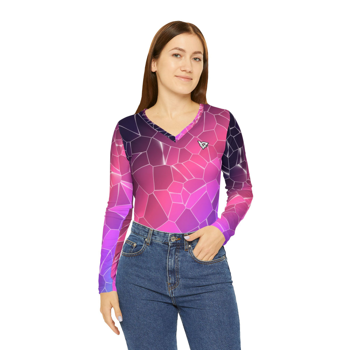 Violet Shatter Women's Long Sleeve V-Neck Athletic Top