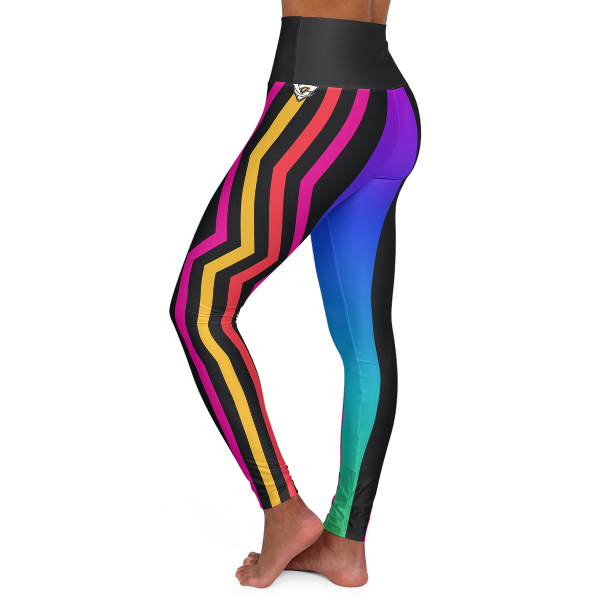 High-Waist Colorblock Yoga Leggings — Neon Gradient Stripes