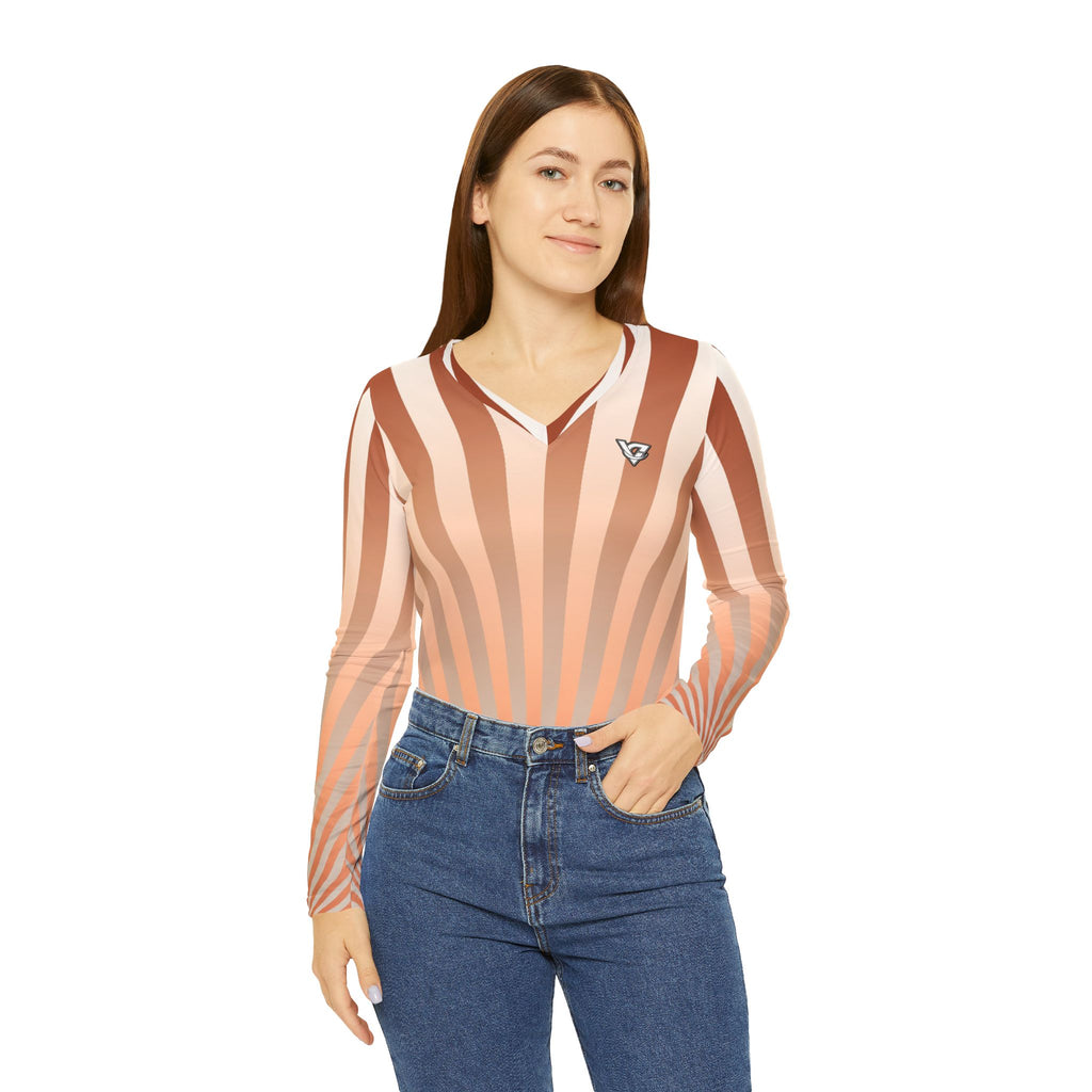 Peach Sunburst Women's Long Sleeve V-Neck Athletic Top