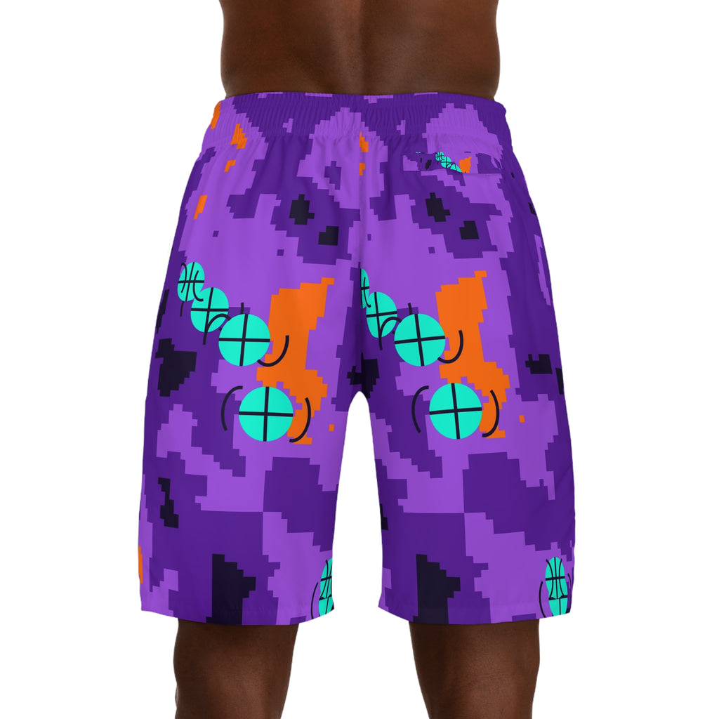 Basketball Galaxy Glow Pixel Camo Men's Athletic Shorts with Pockets