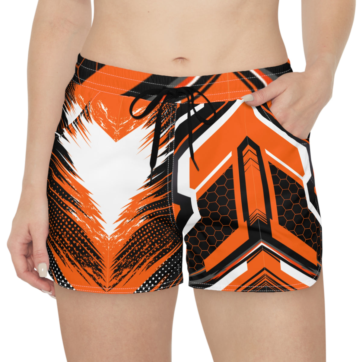Women's Multipurpose Athletic Shorts with Pockets | Bold Orange Geometric