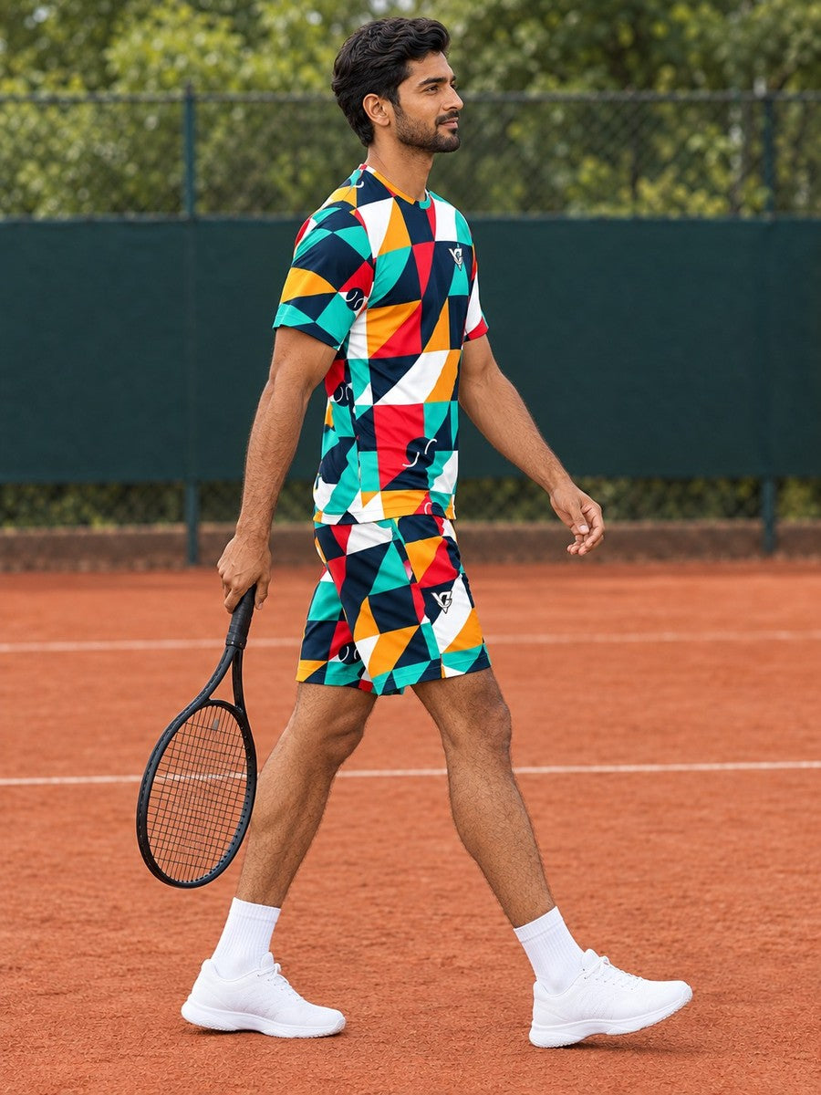 Tennis Aqua Volt Prism Block Men's Athletic Shorts with Pockets - side view