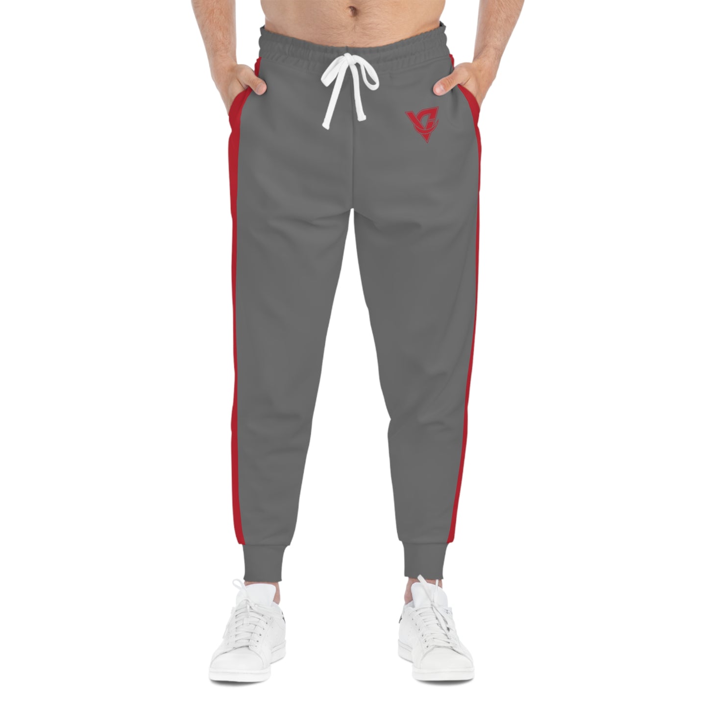 Grey Athletic Joggers with Red Side Stripes – Casual Sportswear Sweatpants
