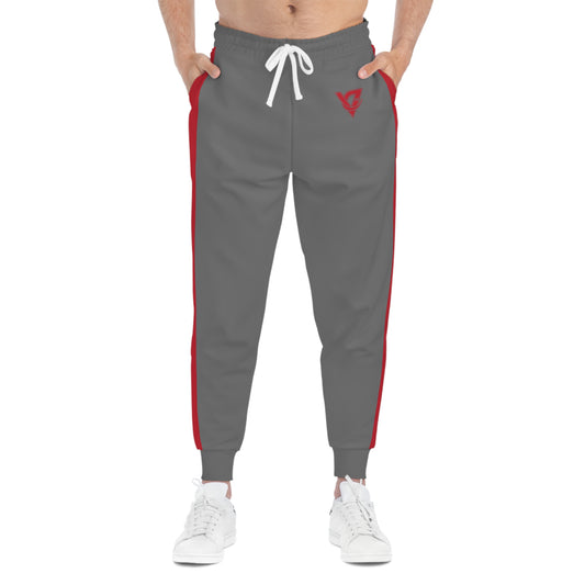 Grey Athletic Joggers with Red Side Stripes – Casual Sportswear Sweatpants