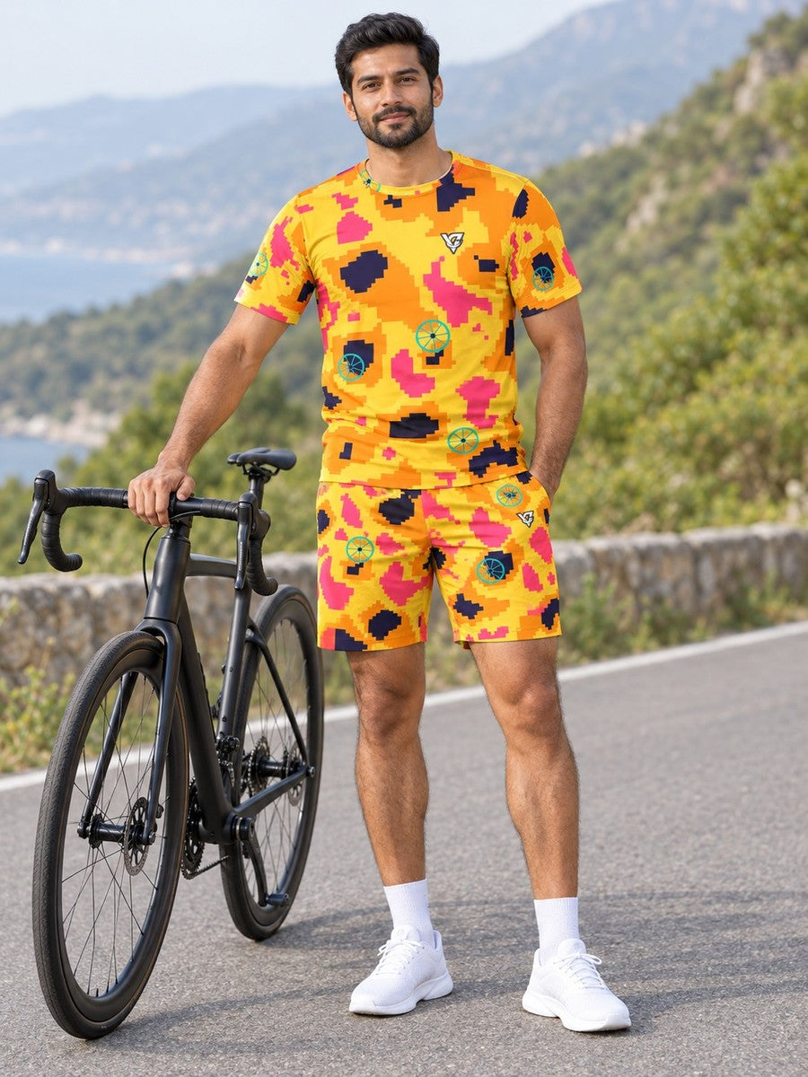 Cycling Electric Mango Pixel Camo Men's Athletic Shorts with Pockets - front view