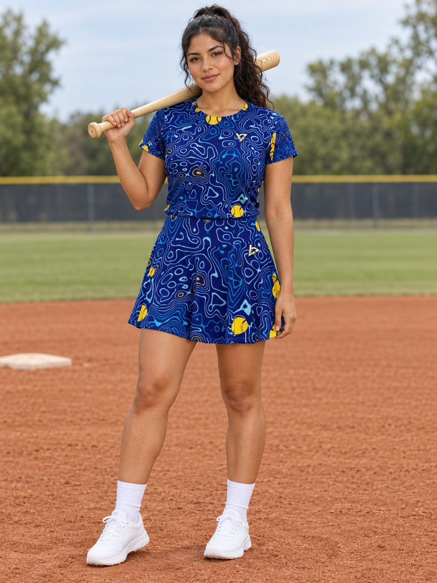 Baseball & Softball Cobalt Spark Topo Trail Women's Athletic Skater Skirt - front view