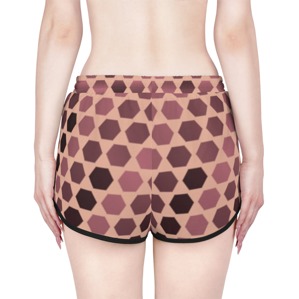 Women's Rose Gold Hex Grid Relaxed Shorts — All-Over Print Running & Workout Shorts