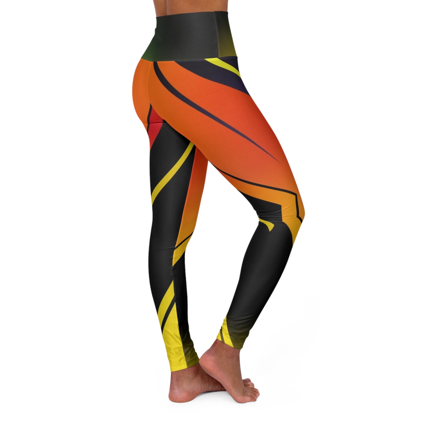 High-Waisted Abstract Flame Yoga Leggings - Vibrant Orange & Black AOP