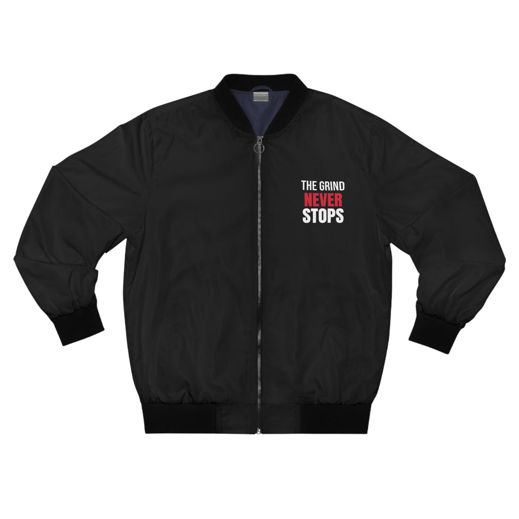 Men's The Grind Never Stops Bomber Jacket – Black Motivational Gym Jacket