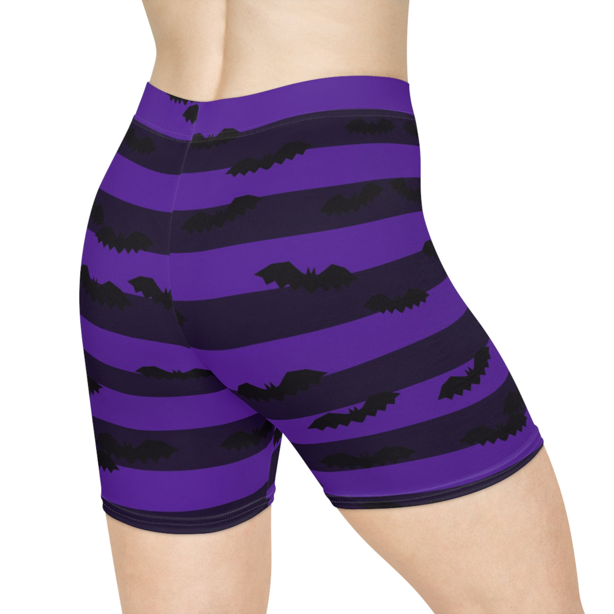 Halloween Witching Purple Bat Stripe Women's Biker Shorts — High-Waist Workout Shorts