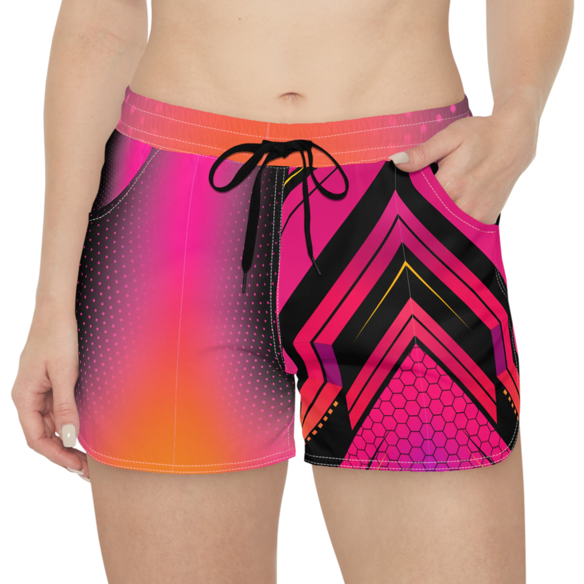 Women's Multipurpose Athletic Shorts with Pockets | Neon Pink Geometric