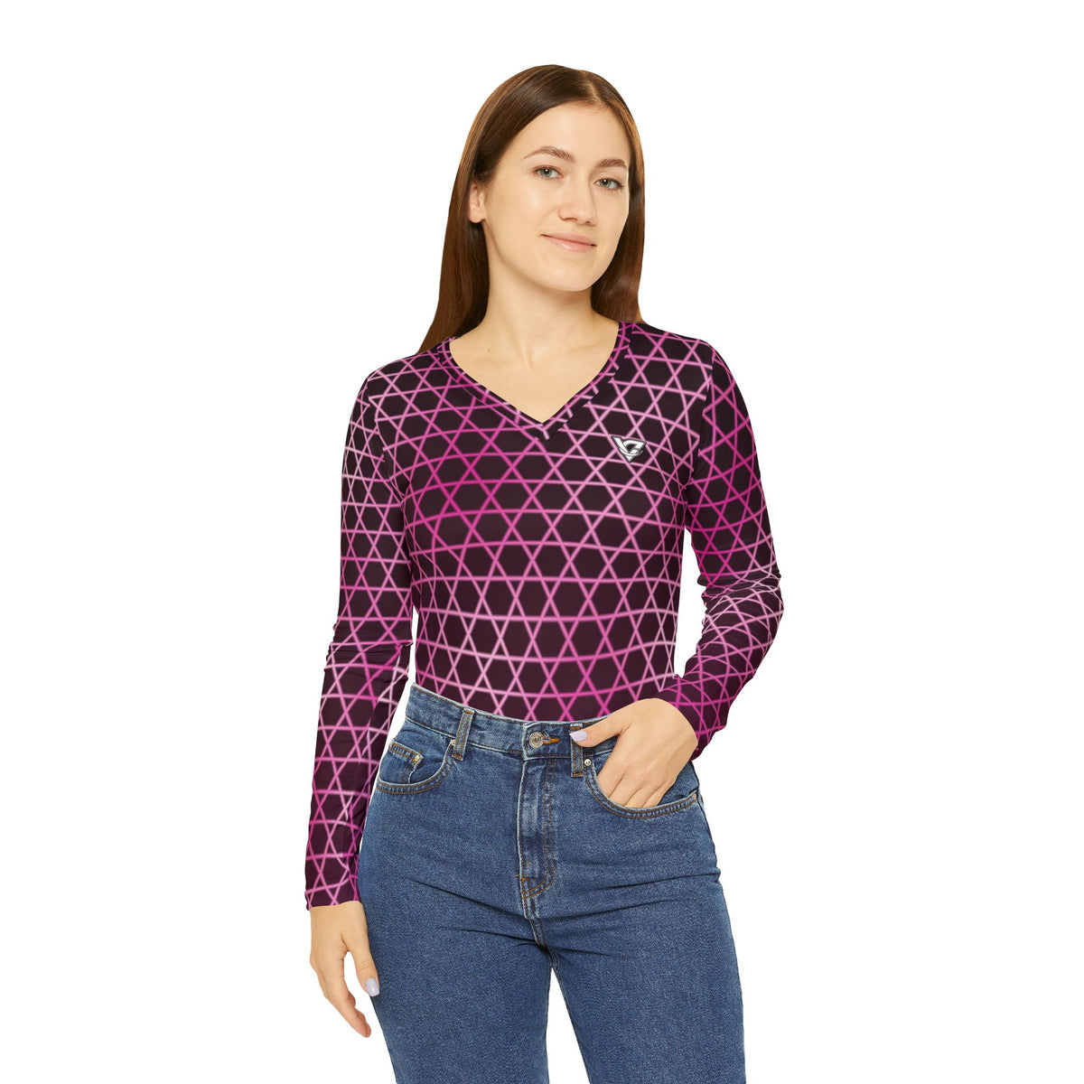 Berry Hex Grid Women's Long Sleeve V-Neck Athletic Top