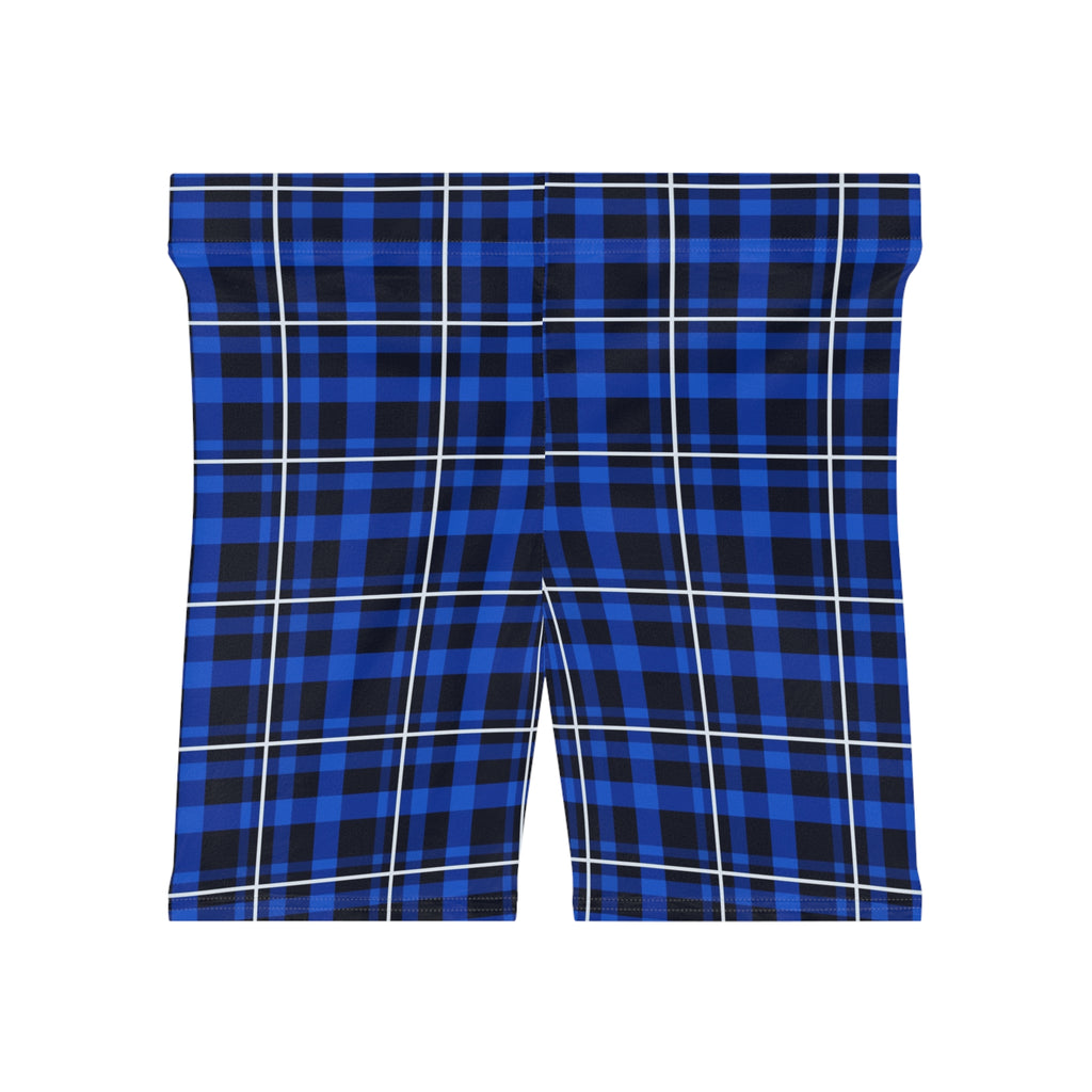 Cobalt Plaid Women's Biker Shorts — High-Waist Workout Shorts