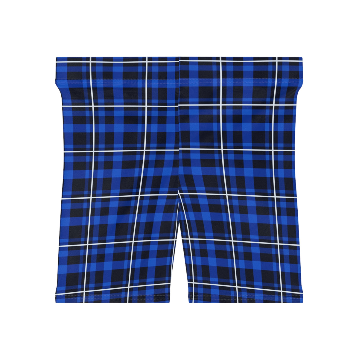 Cobalt Plaid Women's Biker Shorts — High-Waist Workout Shorts