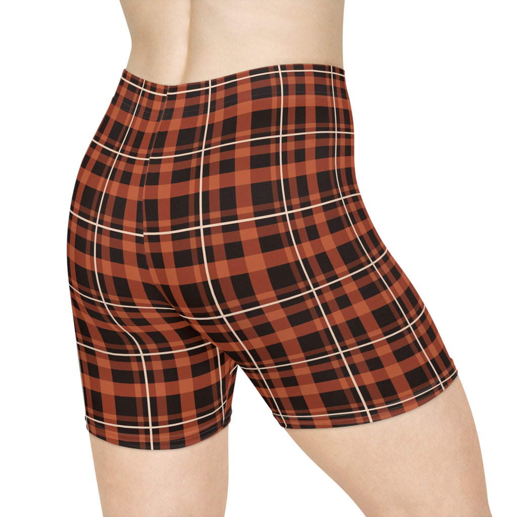 Terracotta Flannel Women's Biker Shorts — High-Waist Workout Shorts