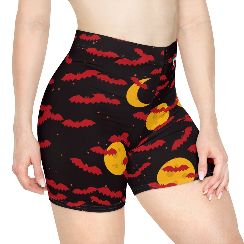 Halloween Blood Moon Bat Swarm Women's Biker Shorts — High-Waist Workout Shorts