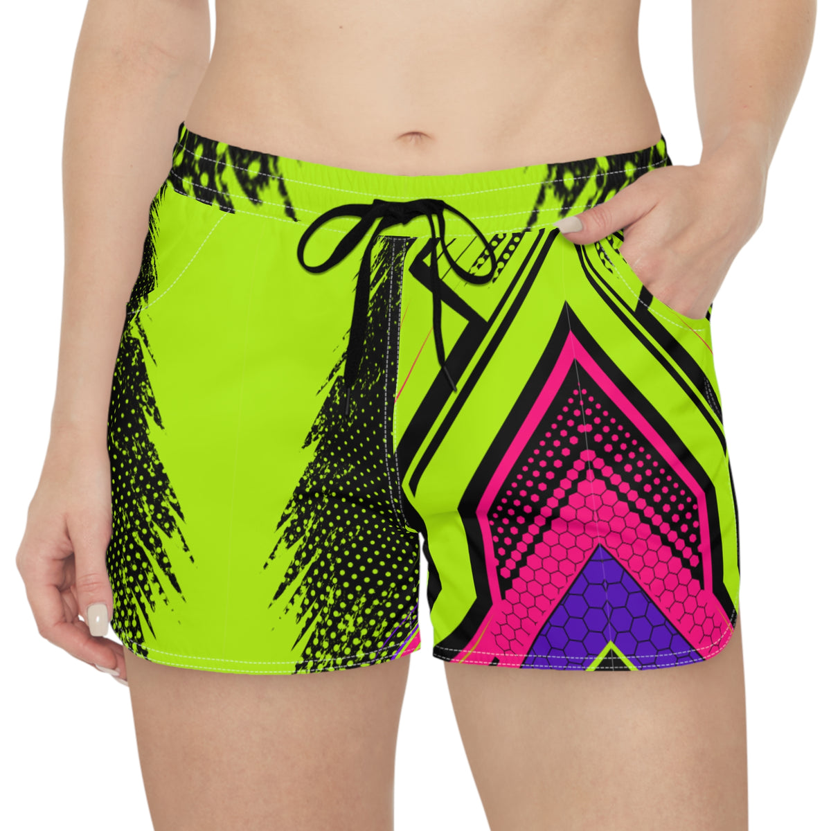 Women's Multipurpose Athletic Shorts with Pockets – Neon Green Honeycomb