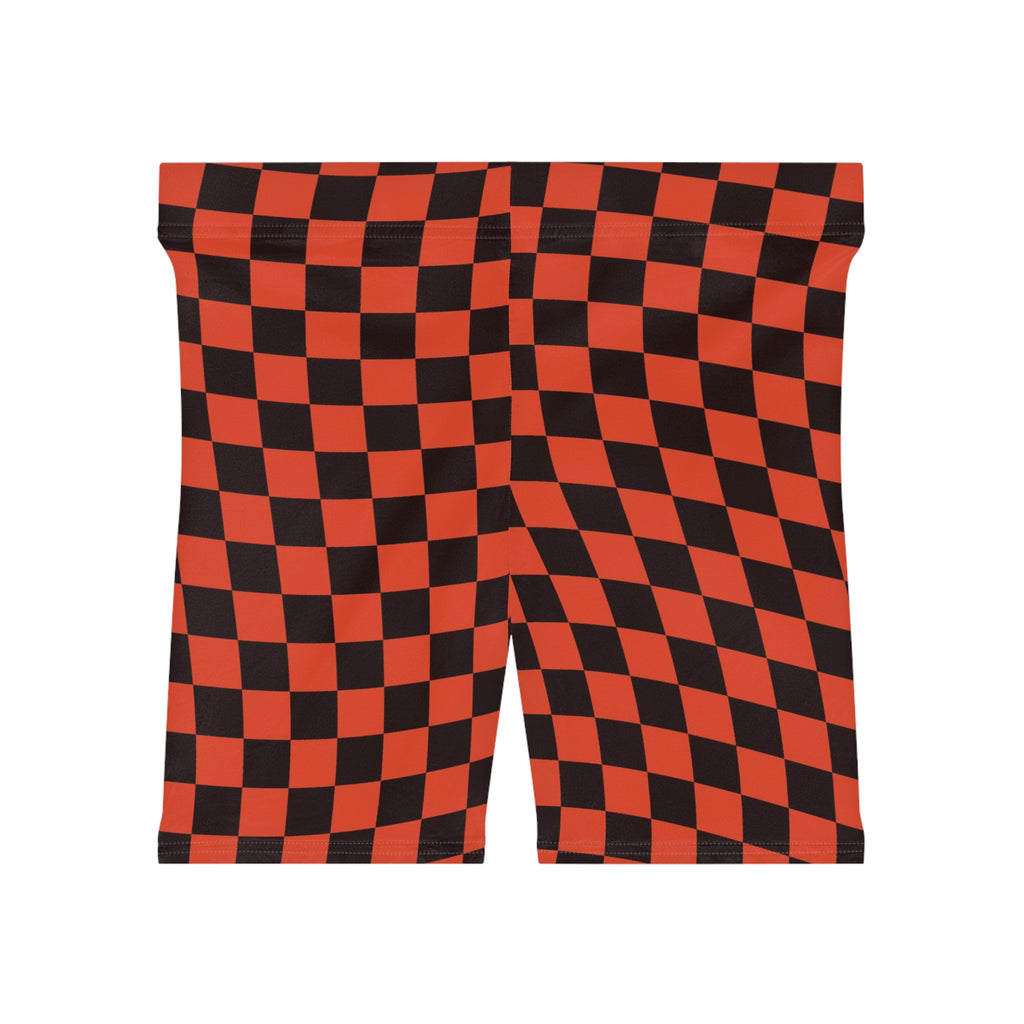 Maple Warp Check Women's Biker Shorts — High-Waist Workout Shorts