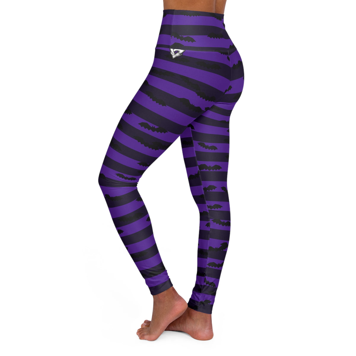 Halloween Witching Purple Bat Stripe High-Waisted Yoga Leggings (AOP)