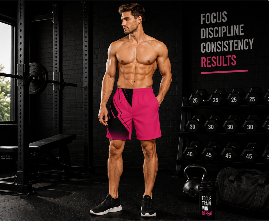 Men's Neon Pink Bold Geometric Jogger Athletic Shorts with Pockets