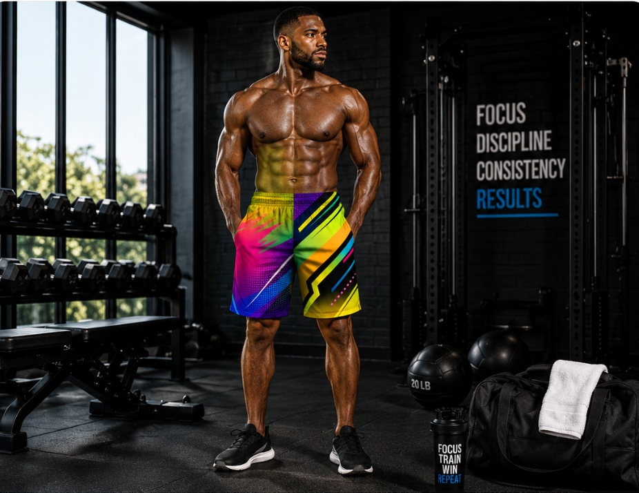 Men's Neon Abstract Vibrant Geometric Jogger Athletic Shorts with Pockets