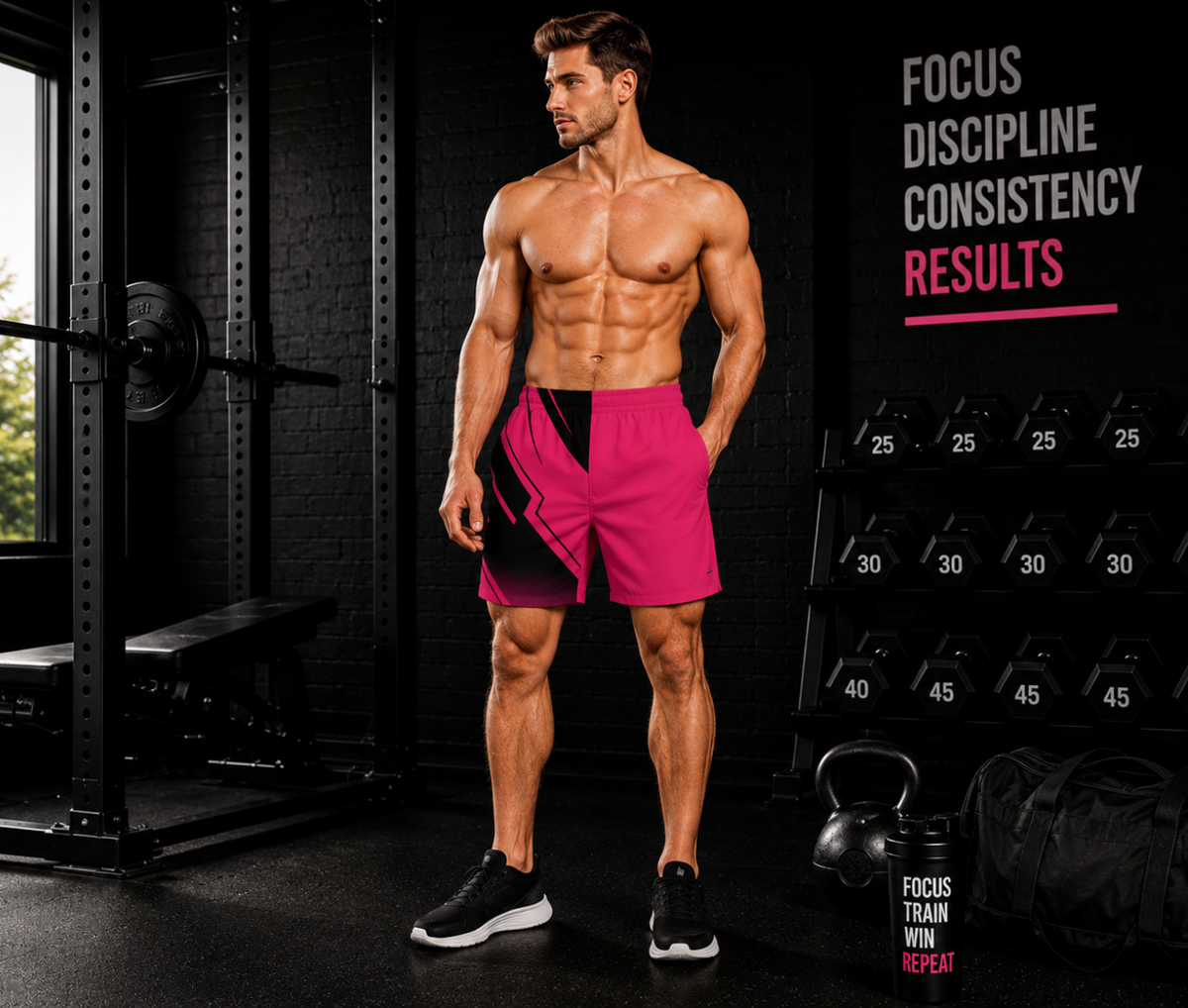 Men's Neon Pink Bold Geometric Jogger Athletic Shorts with Pockets